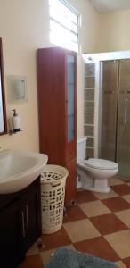 ein Bad mit einem Waschbecken, einem WC und einer Dusche in der Unterkunft CASA DE HUESPEDES CASA BONITA in La Lima