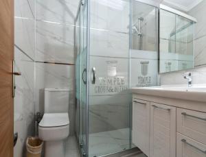 a bathroom with a shower and a toilet and a sink at Temple Beach Hotel in Didim +19 photos