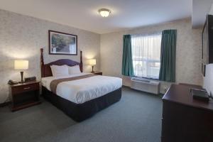 a hotel room with a bed and a window at Ramada by Wyndham Nisku Edmonton Airport in Nisku