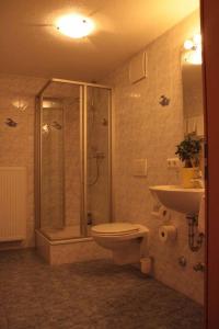 a bathroom with a shower and a toilet and a sink at Hotel Schillerplatz in Öhringen