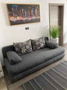 un divano grigio in un soggiorno con un dipinto di SOLE Apartment 1 a Satu Mare