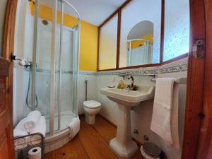 a bathroom with a sink and a shower and a toilet at Posada Magoria in Ansó