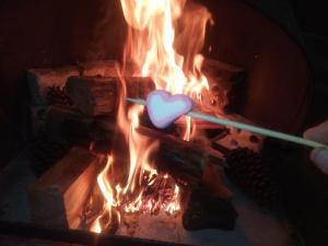 ein Herz auf einem Stock vor einem Feuer in der Unterkunft Chalé Martinho in Gramado