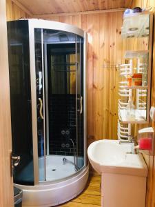 a bathroom with a shower and a sink at У Віти номер2 in Synevyrsʼka Polyana