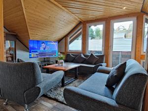 ein Wohnzimmer mit Sofas und einem Flachbild-TV in der Unterkunft Apartments Zur alten Post inkl MeineCardPLUS in Willingen