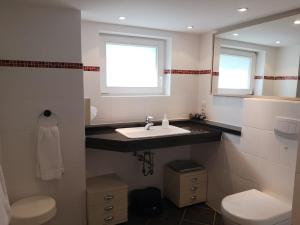 a bathroom with a sink and a toilet and a mirror at Hotel Hegenbarths in Cochem