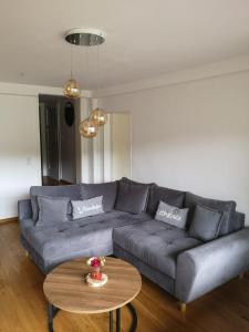 a living room with a gray couch and a table at Hotel Hegenbarths in Cochem