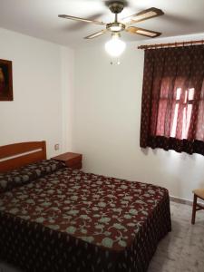 um quarto com uma cama e uma ventoinha de tecto em Apartamento Rural Casa Paco con Jacuzzi exterior y barbacoa em Aínsa