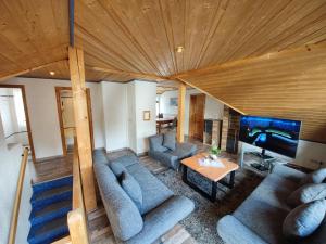 a living room with blue couches and a tv at Hotel Garni "Zur Alten Post" in Willingen