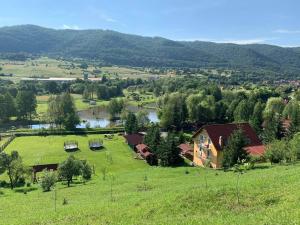 an aerial view of a house in a field with a river at Hétvezér Panzió in Sub Cetate