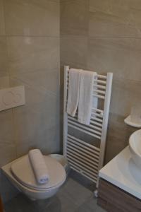 a bathroom with a toilet and a sink and towels at Casa Yoghi in Cadenazzo