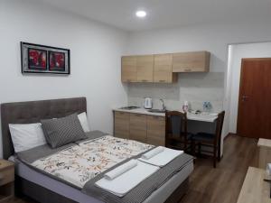 Apartments Karić Aerodrom Tuzla في Dubrave Gornje: غرفة نوم صغيرة بسرير ومطبخ صغير