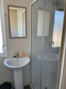 a bathroom with a sink and a shower at Newquay Bay Resort - SummerBreeze PV54 in Porth