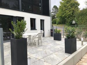 a patio with three potted plants and a table at 90 m2 Appartment with 2 Bedrooms, terrace and garden in Bad Friedrichshall