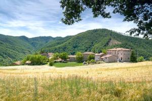 ein Dorf auf einem Feld mit Bergen im Hintergrund in der Unterkunft La Casina Rossa in Borgo Pace