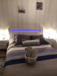 ein Schlafzimmer mit einem großen Bett mit blauem Licht in der Unterkunft Retour à la nature et au calme ! in Bosjean