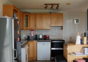 a kitchen with wooden cabinets and a white refrigerator at 4 The Mews in Athlone