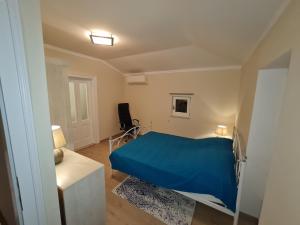 niewielka sypialnia z niebieskim łóżkiem i krzesłem w obiekcie Villa Jure - Apartment Vlasta w mieście Lovran