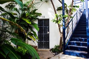 a door to a building with stairs and trees at El Tigre de Santiago in Mérida