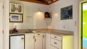 a kitchen with white cabinets and a sink at Rotorua Coachman Spa Motel in Rotorua