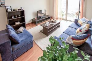 sala de estar con sofá azul y mesa en Aveiro Photo House - Bairro calmo no centro de Aveiro, en Aveiro