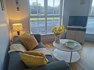 a living room with a blue couch and a table at Greenmile House, in Kilmeaden