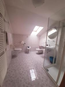 ein Bad mit einem WC, einem Waschbecken und einer Dusche in der Unterkunft Hotel Pörnbacher in Olang