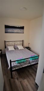 een bed met een metalen frame in een slaapkamer bij Apartman Alisa in Veliko Gradište