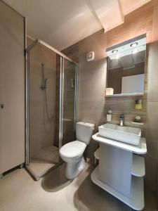 a bathroom with a toilet and a shower and a sink at Apartman Alisa in Veliko Gradište