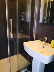 y baño con lavabo y ducha. en Luxe seaview appartment, en Blankenberge