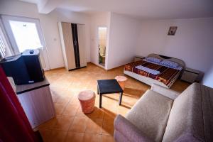 a living room with a bed and a couch at Vila Dora in Costinesti