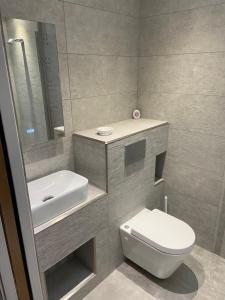 La salle de bains est pourvue de toilettes blanches et d'un lavabo. dans l'établissement Kirkwirral Guest House - not self catering, à Dumfries