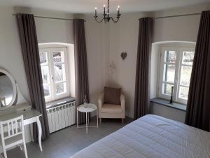 a bedroom with a bed and a chair and a mirror at Villa Cascate in Bagnone