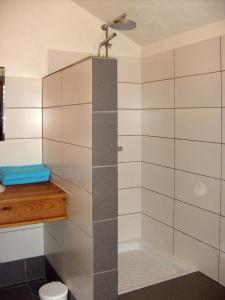 y baño con ducha y azulejos blancos. en Chambres d'Hôtes La Tulipe, en Champdray