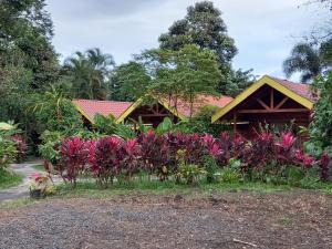 a garden with pink flowers in front of a house at Selvita Lodge Arenal in Fortuna