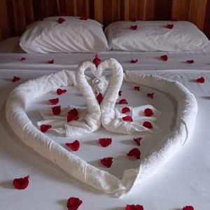 dos camas con corazones y dos cisnes sobre ellos en Selvita Lodge Arenal, en Fortuna