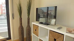 two tall vases sitting on a table next to a tv at Valadim Flats_2T in Porto