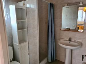 a bathroom with a sink and a shower at Maison De Vacances in Saint-Denis-dʼOléron