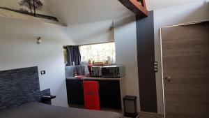 a small kitchen with a microwave on a counter at chambre mil roses in Andé +13 photos