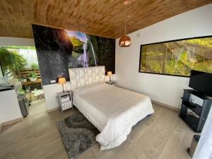 佩雷拉的住宿－Cabaña miramar，卧室配有一张床,墙上挂有绘画作品