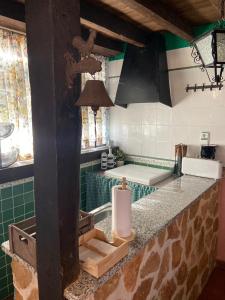 a kitchen with a counter top with green tiles at Finca - Granja " El Chaparral" in Orgaz