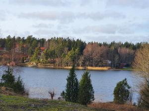 a large lake with trees on the side of it at Sjöstuga Vätö in Harg