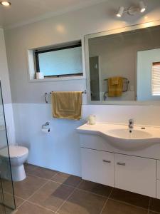 ein Badezimmer mit einem Waschbecken, einem WC und einem Spiegel in der Unterkunft Views to unwind - self contained unit w/king bed in Ruakaka