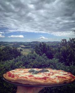 a person holding a large pizza on a plate at Enoagriturismo L' Acino d'Uva in Cunico