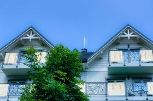 stary dom z oknami i drzewem w obiekcie APARTAMENTY NA SKARPIE w mieście Szczawnica