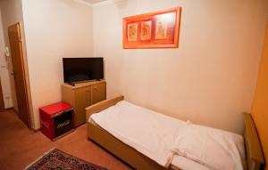 a small bedroom with a bed and a flat screen tv at Angelis Pension in Kelsterbach