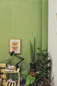 a green wall with a lamp and plants in a room at Cube homestay Phan Rang cách biển 300m to the beach in Phan Rang