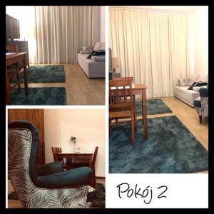 2 Bilder von einem Wohnzimmer und einem Esszimmer in der Unterkunft Mazurska in Barczewo