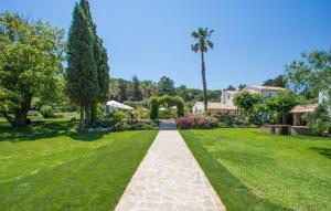 聖特羅佩的住宿－德薩蘭城堡莊園酒店，一条穿过绿意盎然的庭院的步道,那里种着棕榈树