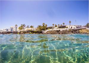 una masa de agua con palmeras y edificios en RELAX & POOL NEXT TO THE BEACH APT, en Puerto del Carmen